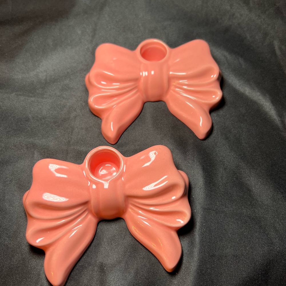 Pink Ceramic Bow Taper Candle Holders Set of 2 Glossy Coquette Decor